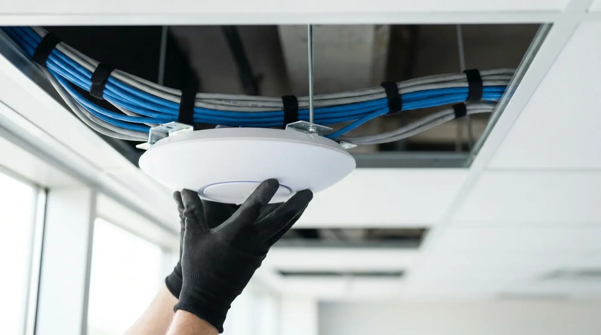 Nahaufnahme eines deckenmontierten Business-Access-Points und der Netzwerkverkabelung