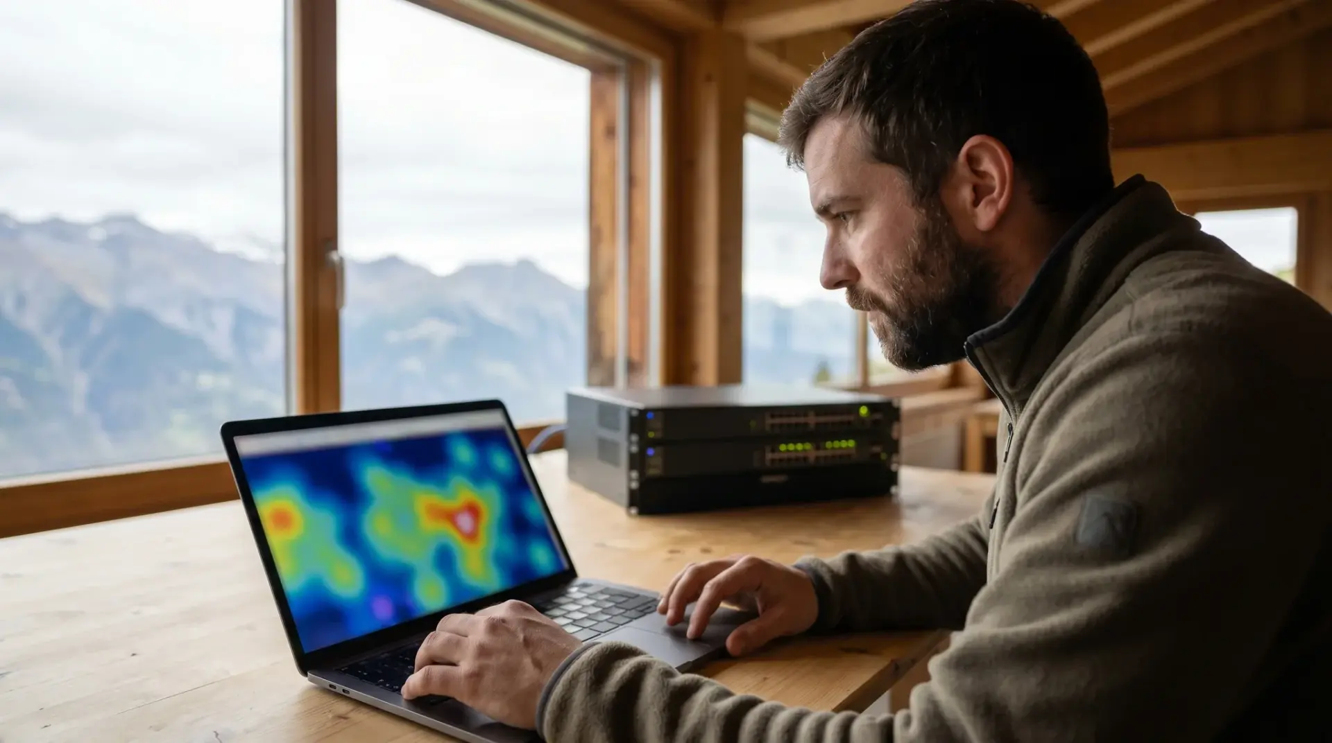 Netzwerktechniker prüft am Laptop die Funkausleuchtung und das Cloud-Monitoring
