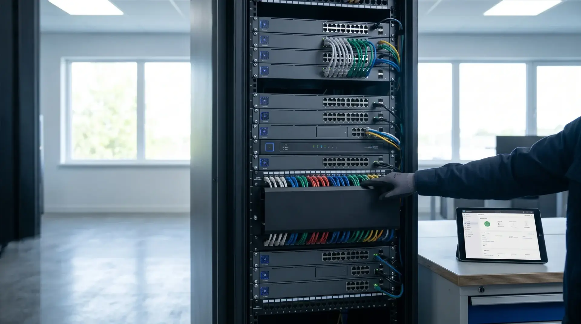 Server- und Netzwerkschrank mit Switches und Controllern in einem Gewerbebetrieb