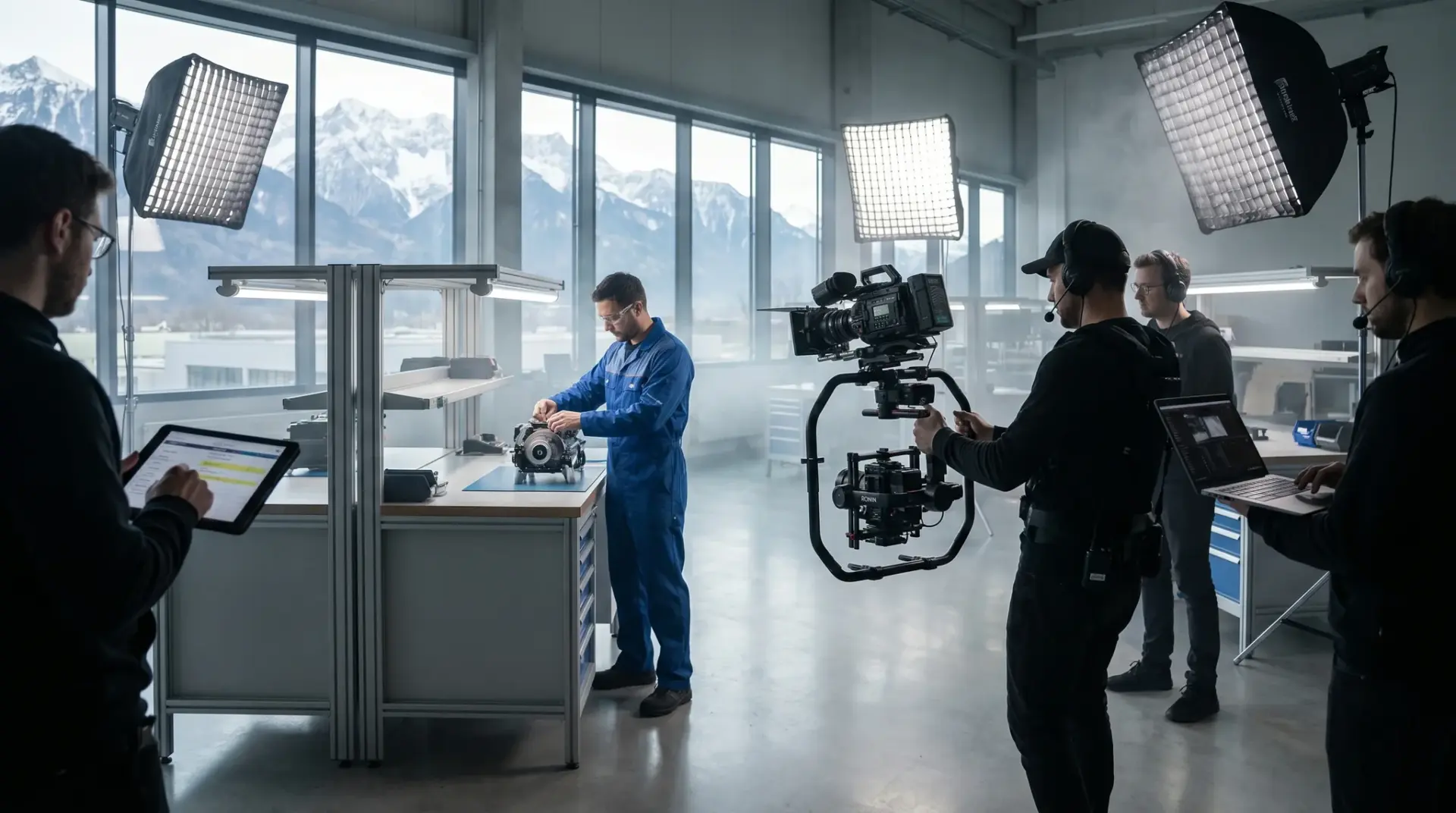 Filmteam dreht eine cinematische Markenszene in einer Werkshalle im Alpenraum