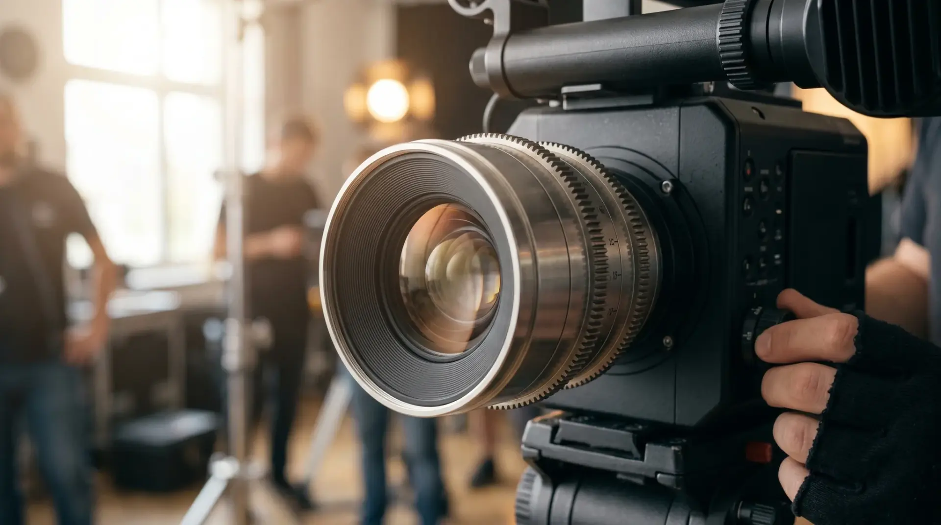 Detailaufnahme einer Blackmagic-Cinema-Kamera mit Cine-Objektiv am Imagefilm-Set