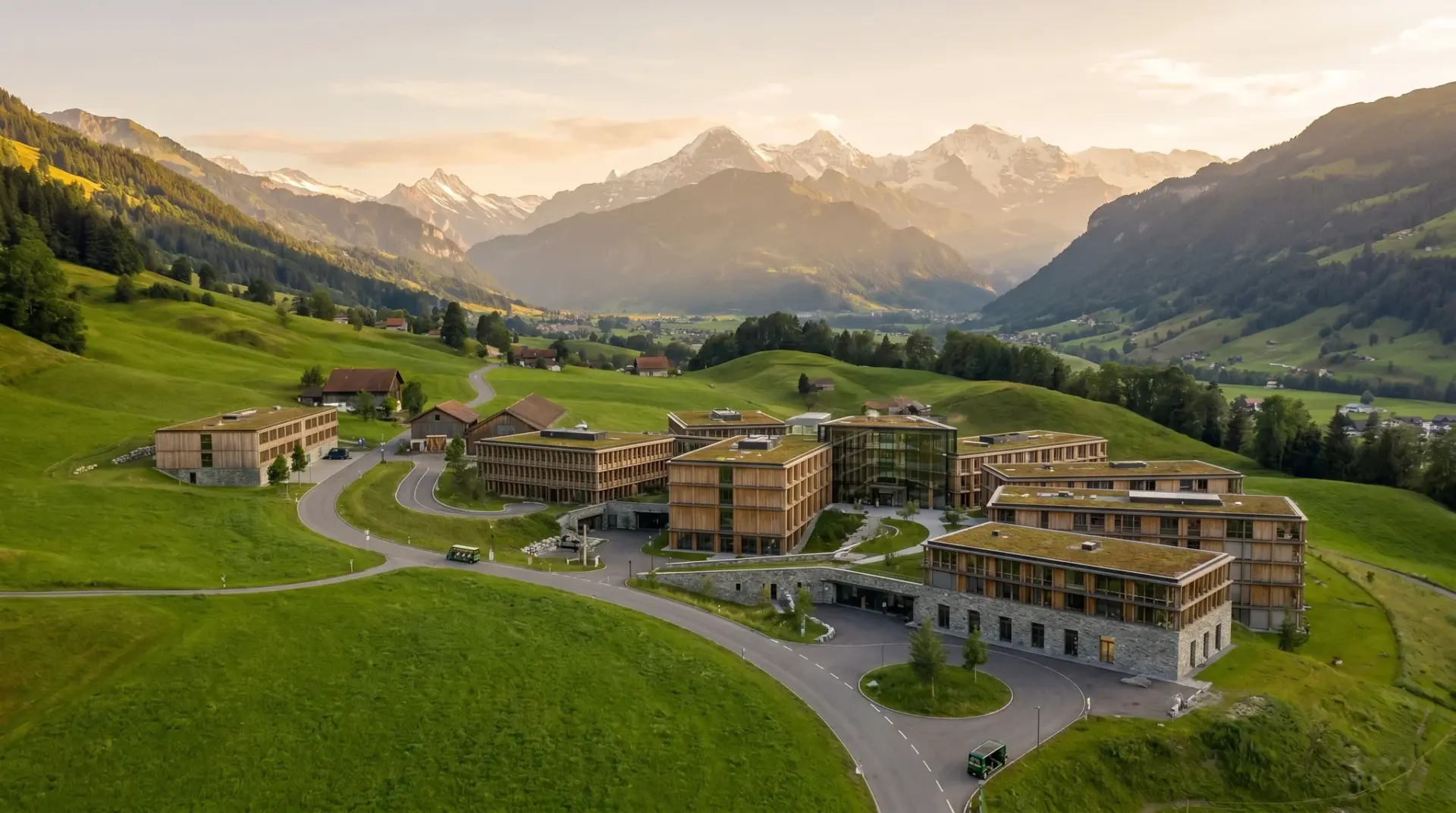 Luftaufnahme eines Firmenstandorts vor Alpenkulisse als Establishing-Shot