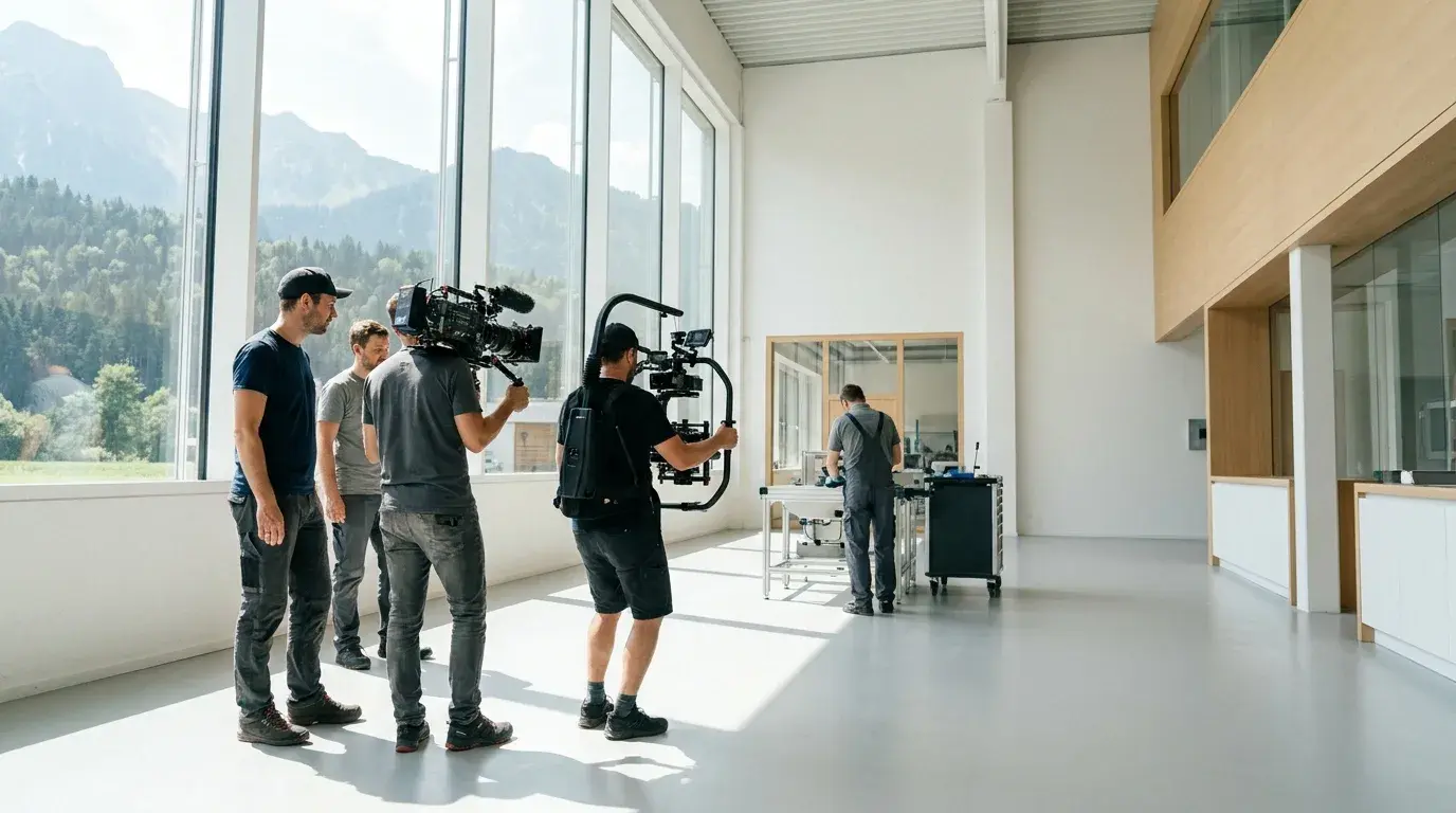Filmcrew der MULTIMEDIAFABRIK dreht einen Imagefilm in einer hellen Fertigungshalle in Vorarlberg mit Cinema-Kamera auf dem Gimbal