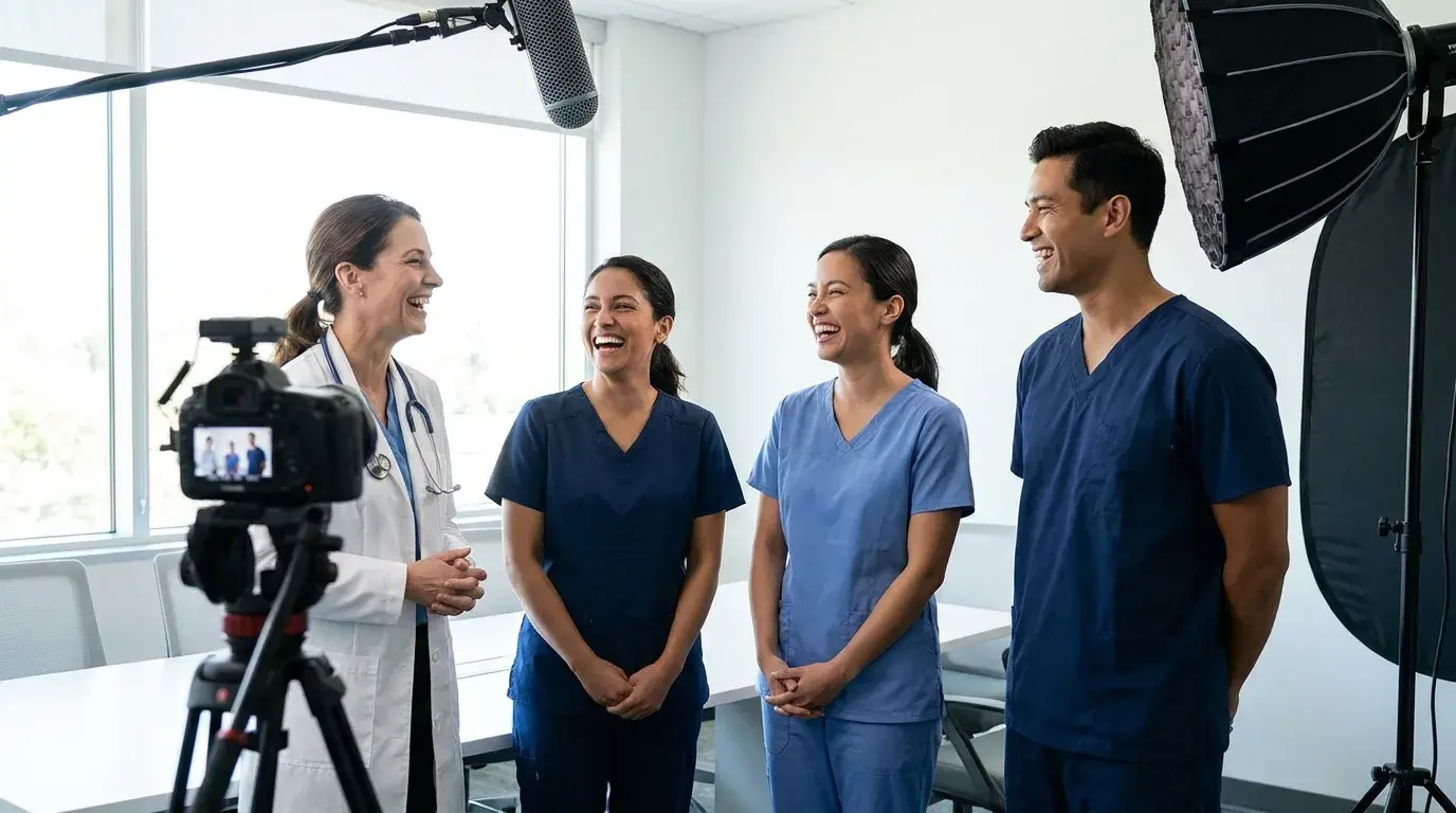 Echte Mitarbeiterinnen und Mitarbeiter eines Teams lachen während eines Interviews vor der Kamera bei weichem Tageslicht