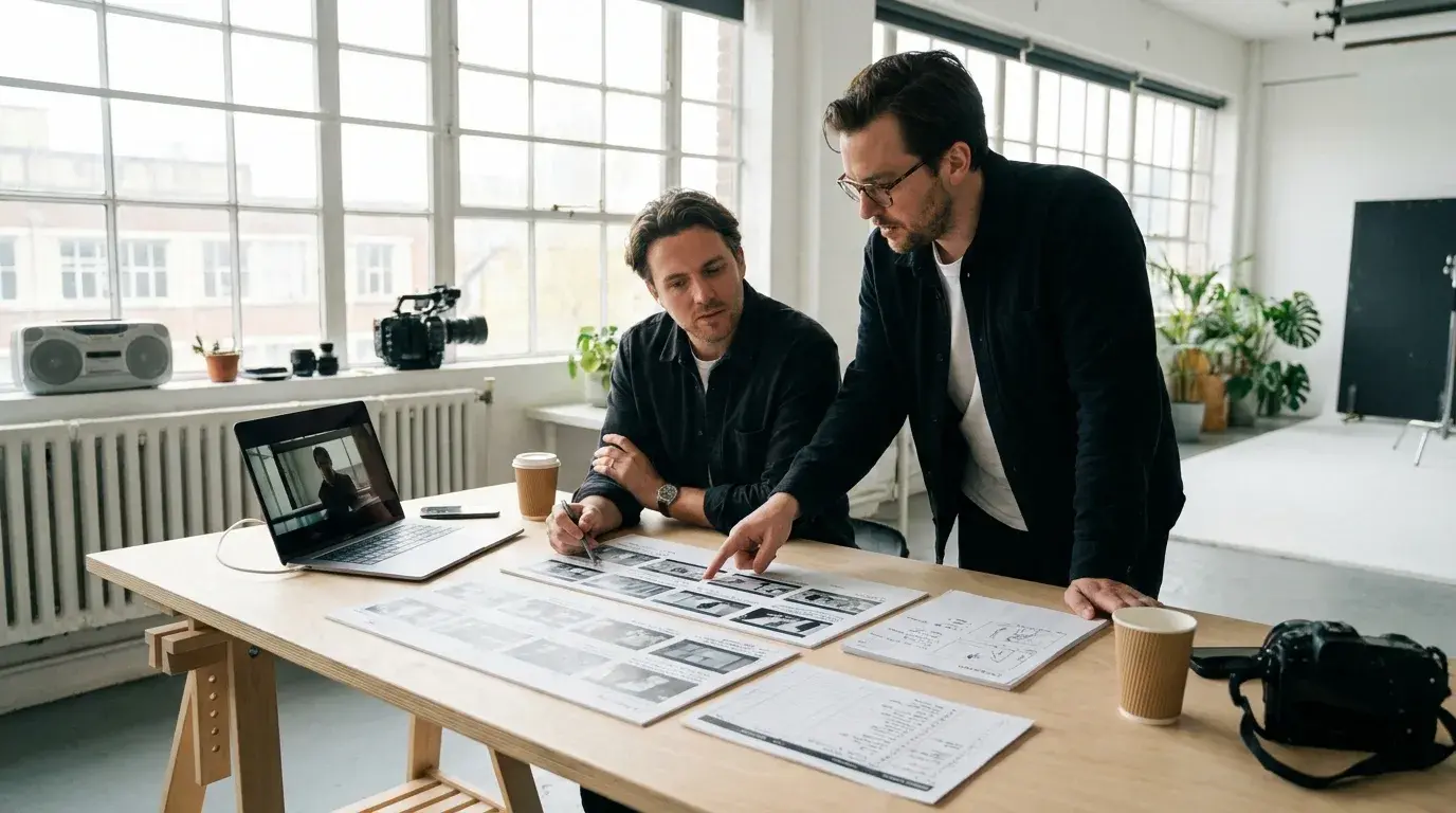 Regie und Kunde besprechen Storyboard und Shotlist an einem hellen Tisch in der Vorbereitung des Imagefilms