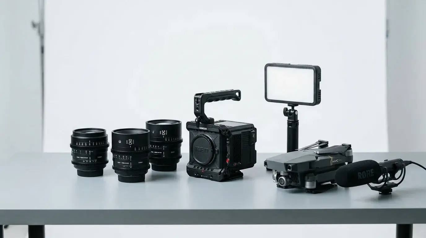 Professionelles Kamera-Equipment mit Cinema-Kamera, Cine-Linsen, Drohne und Mikrofon auf hellem Untergrund