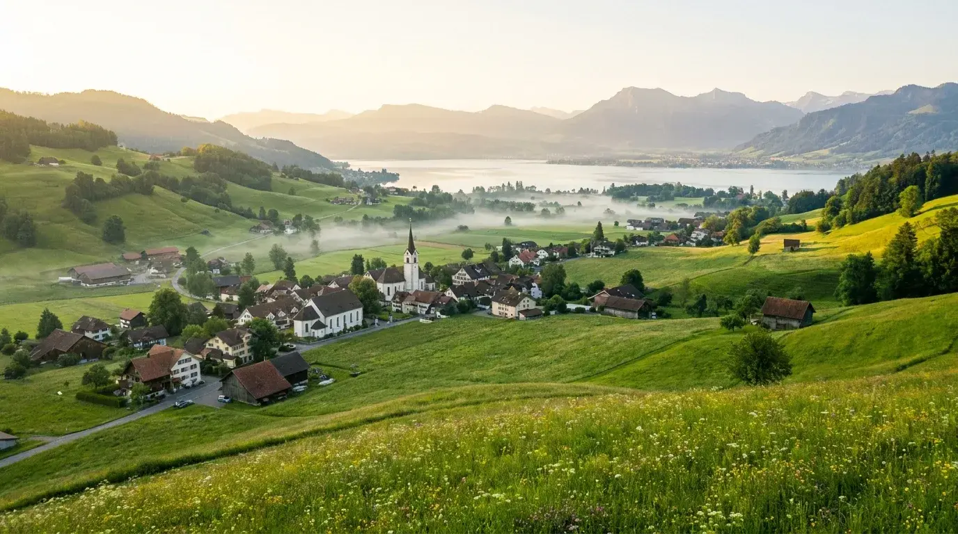 Drohnenaufnahme eines grünen Alpentals am Bodensee mit Dorf und Bergen im weichen Morgenlicht