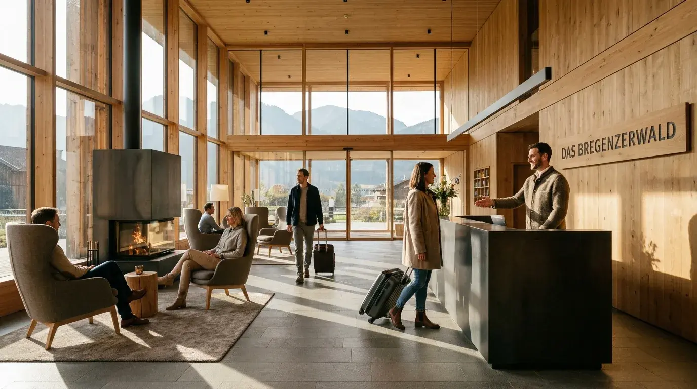 Helle Lobby eines Premium-Hotels im Bregenzerwald mit Holz und Glas, ein Gastgeber empfängt Gäste