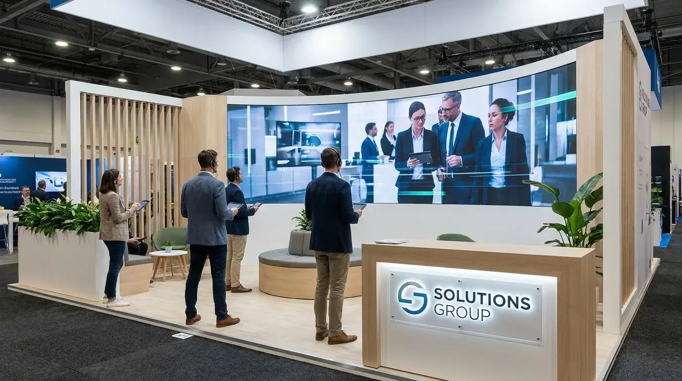 Moderner Messestand mit großem hellem Screen, auf dem ein Imagefilm läuft, Besucher schauen zu