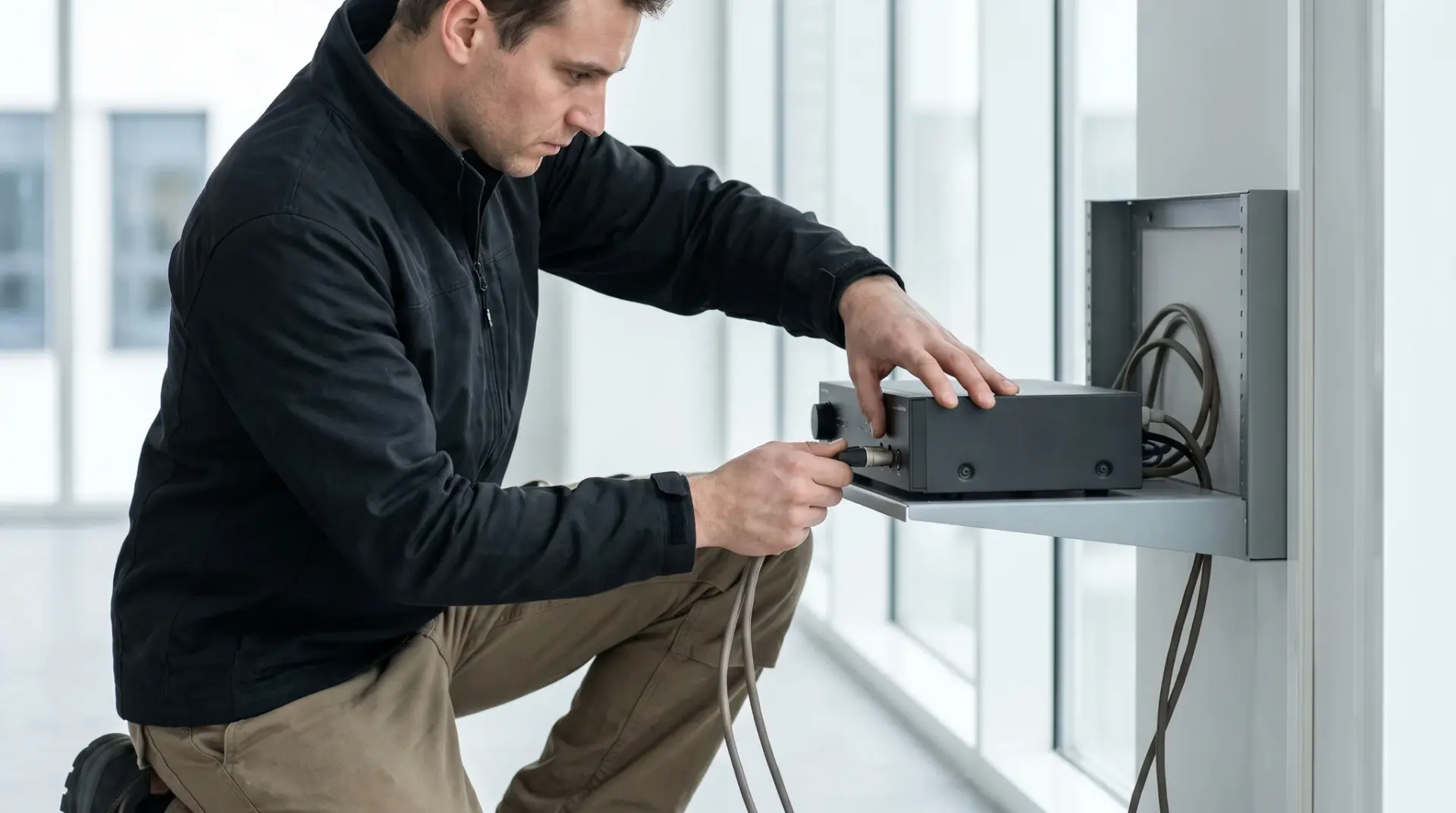 Techniker installiert dezent professionelle Audiotechnik für eine Höranlage an einer Wand