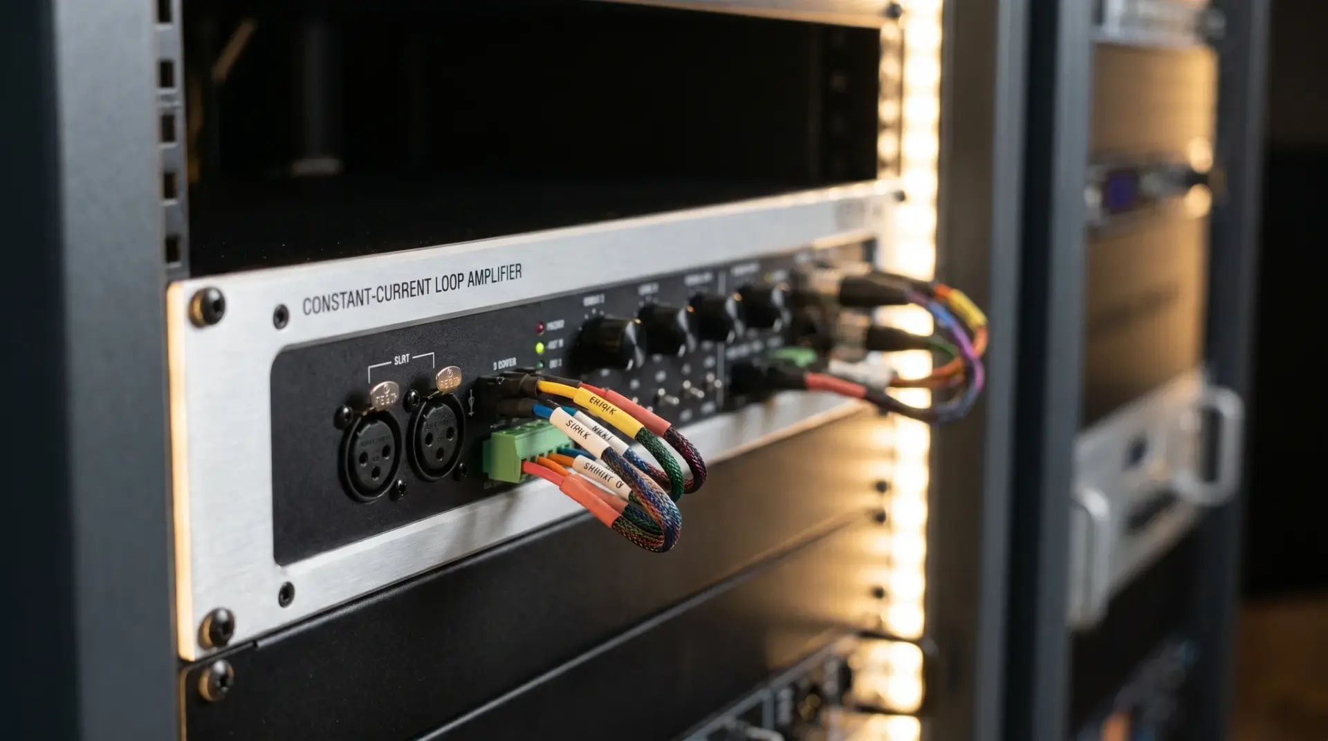 Detailaufnahme einer professionellen Audio-Installation mit Schleifenverstärker und Verkabelung