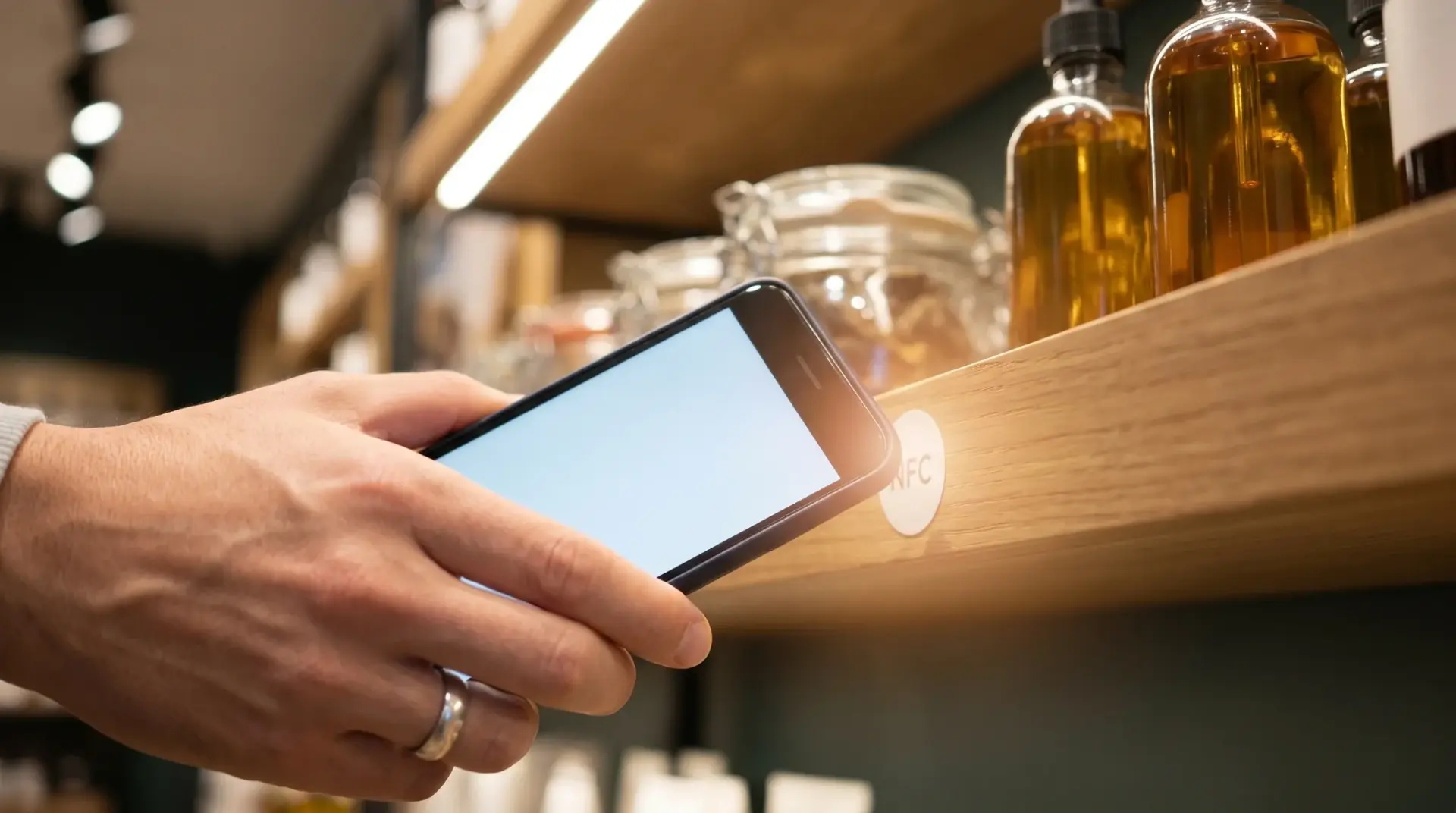 Hand hält ein Smartphone an einen NFC-Tag am Regal, um produktspezifische Inhalte auszulösen