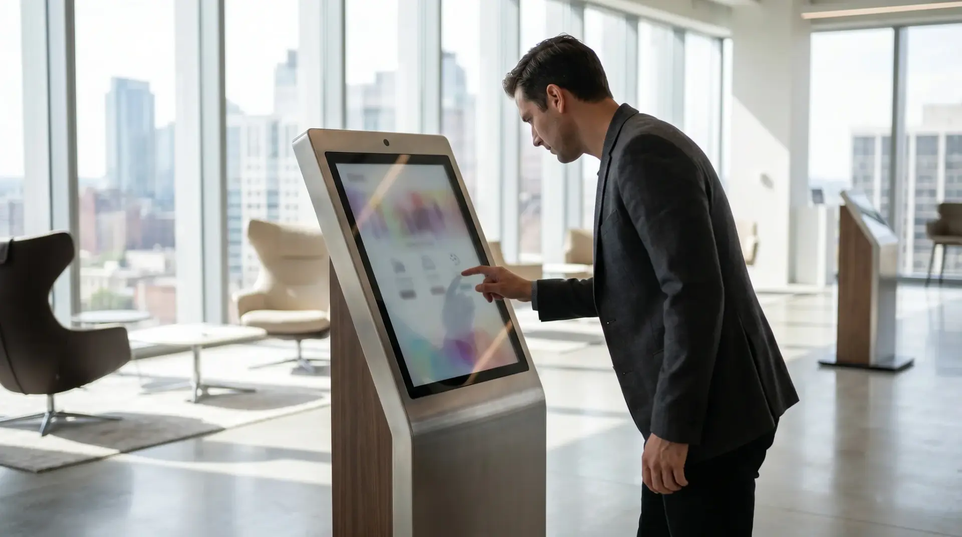 Besucher nutzt im Showroom eine interaktive Selbstberatungs-Station, um Varianten zu vergleichen