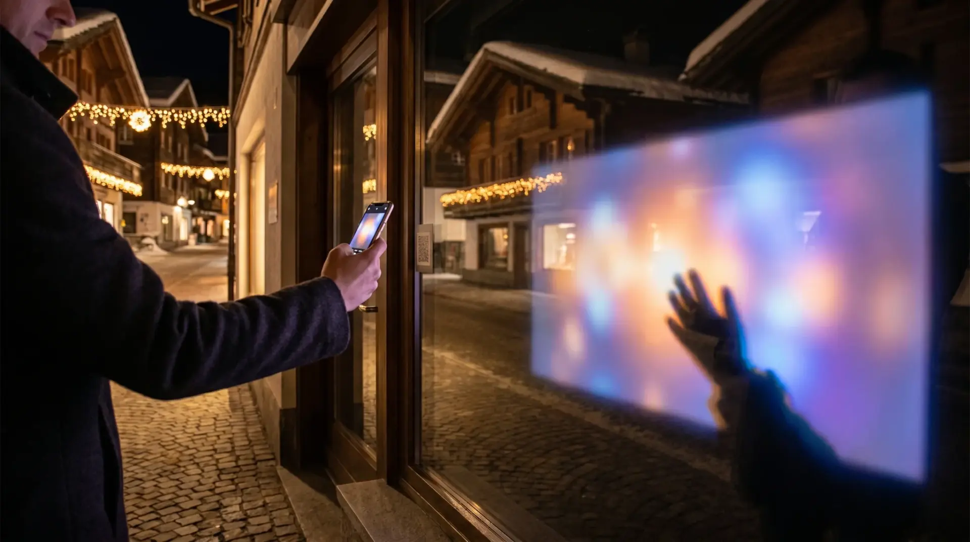 Schaufenster eines Geschäfts bei Nacht, durch das ein Passant einen QR-Touchpoint scannt