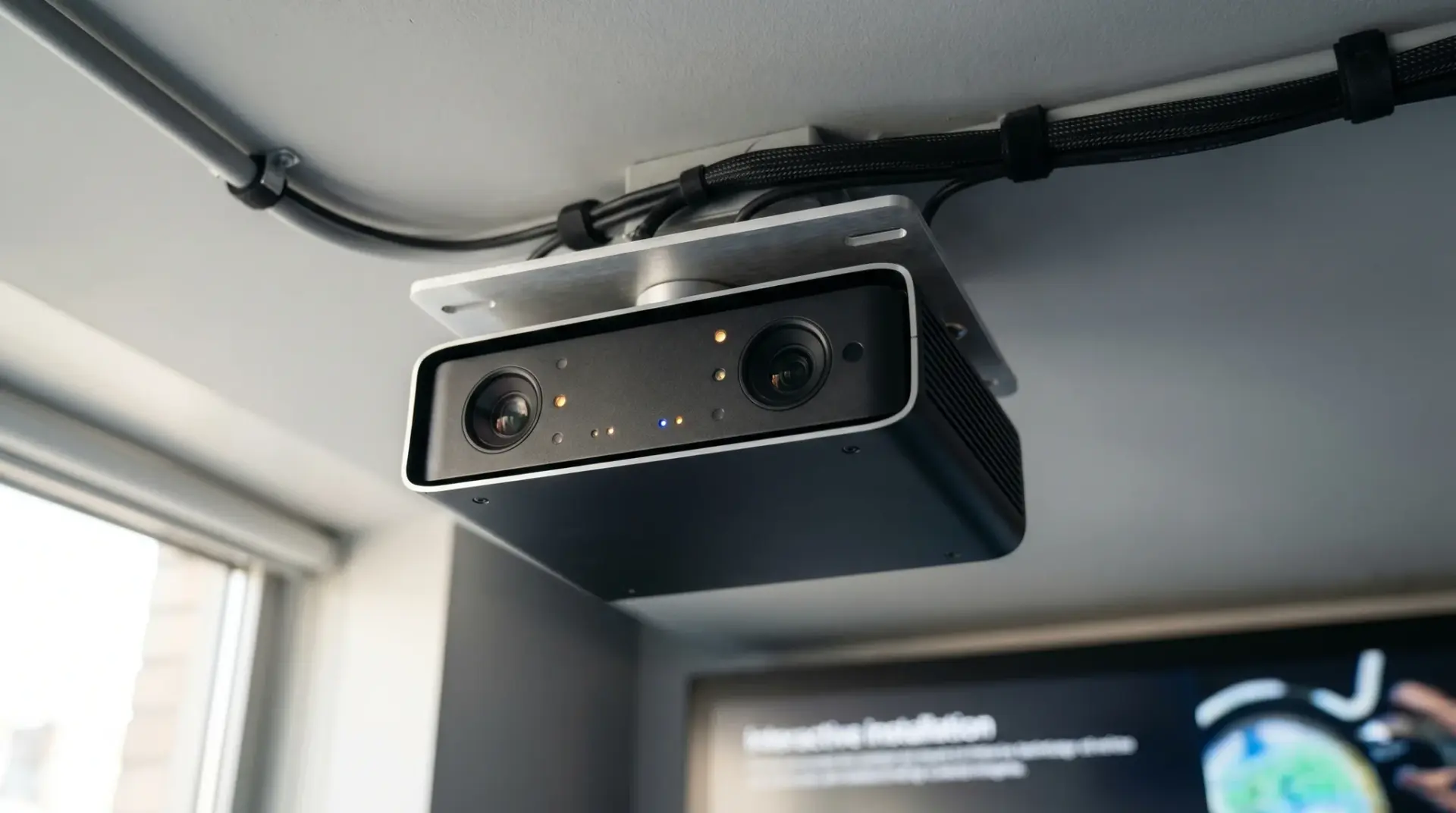 Detailaufnahme eines professionellen Tiefensensors und Projektors über einer interaktiven Station