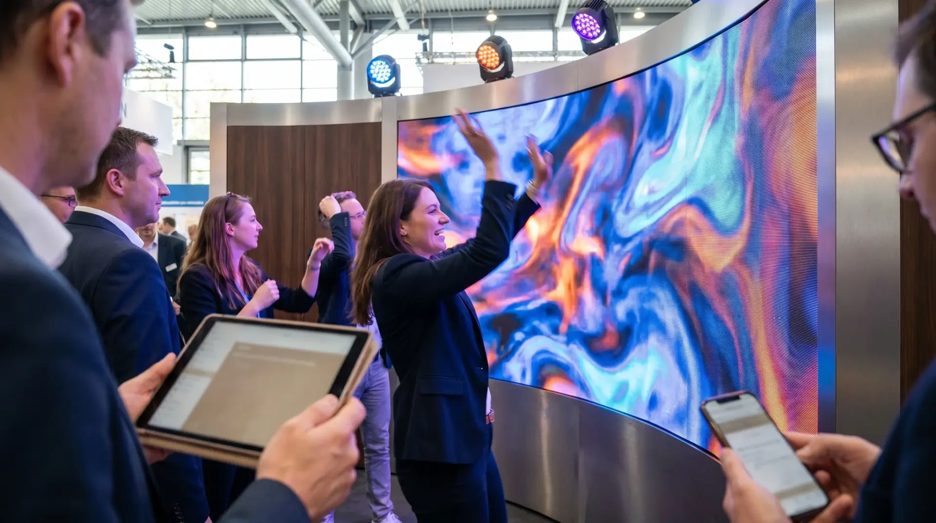 Besucher steuern berührungslos per Geste ein Mitmach-Spiel an einem Messestand