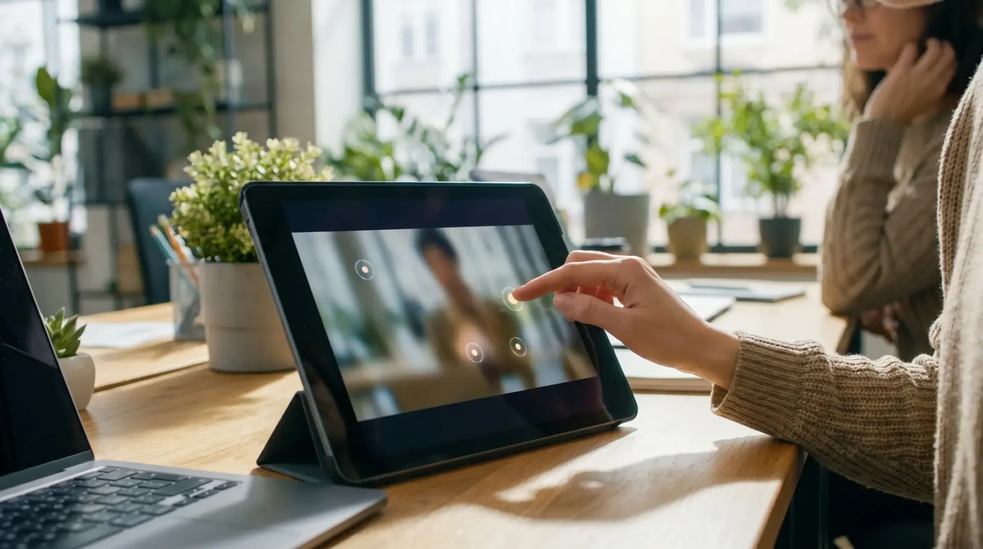 Nutzer tippt auf einem Tablet einen klickbaren Hotspot in einem interaktiven Video an