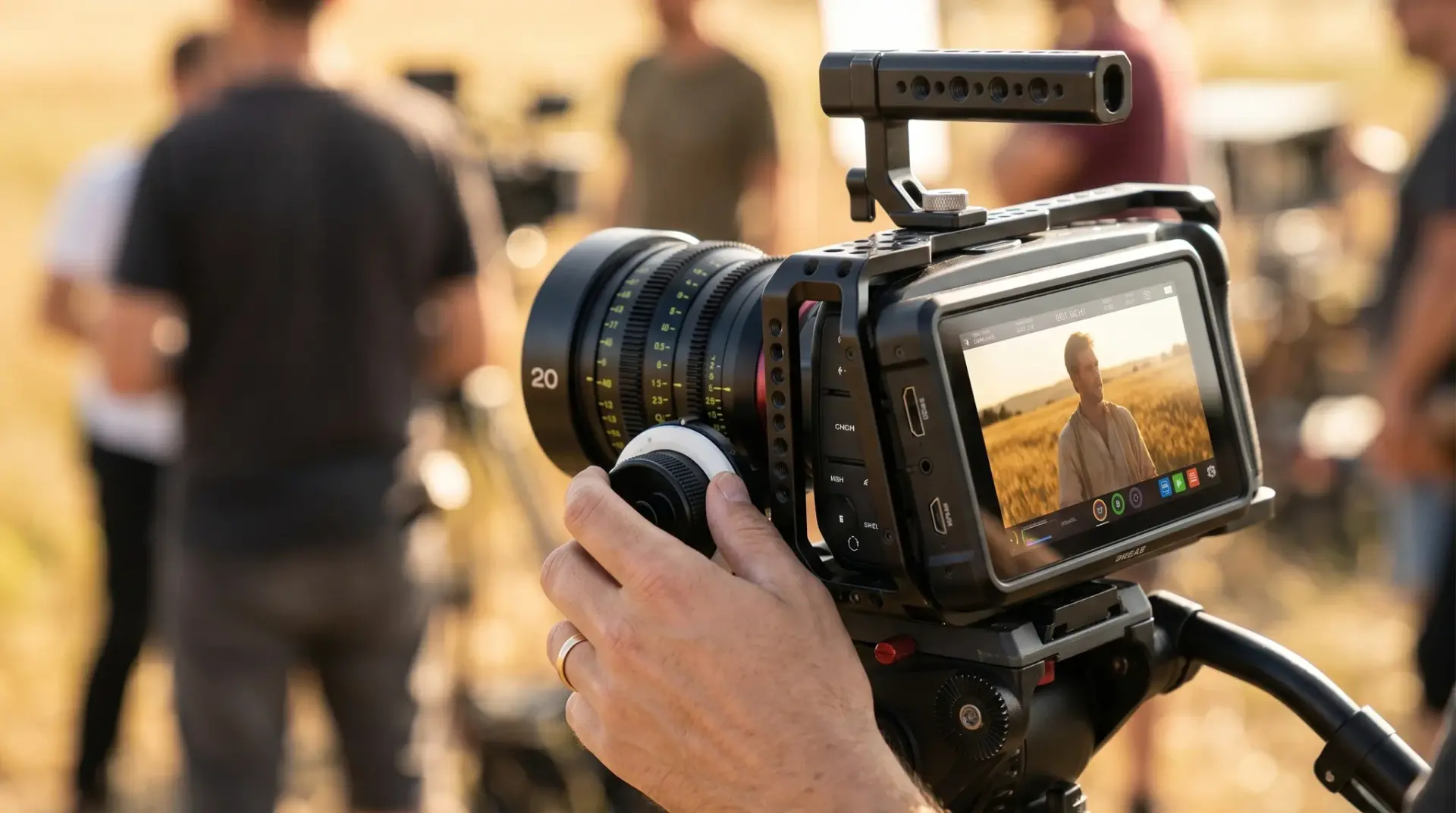 Nahaufnahme des Kameramonitors beim Setup eines interaktiven Videos mit Cine-Linse