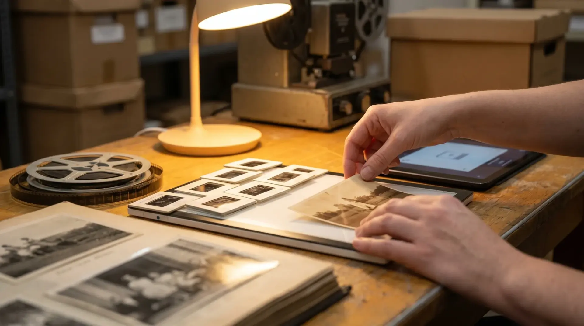 Detailaufnahme historischer Fotos, Dias und Super-8-Filmrollen bei der Archiv-Digitalisierung