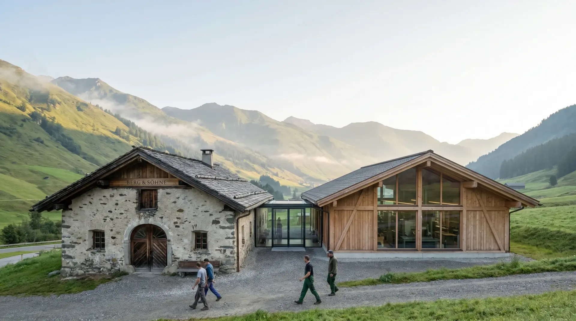 Traditionsreicher Familienbetrieb im Alpenraum bei Tageslicht als Schauplatz des Jubiläums