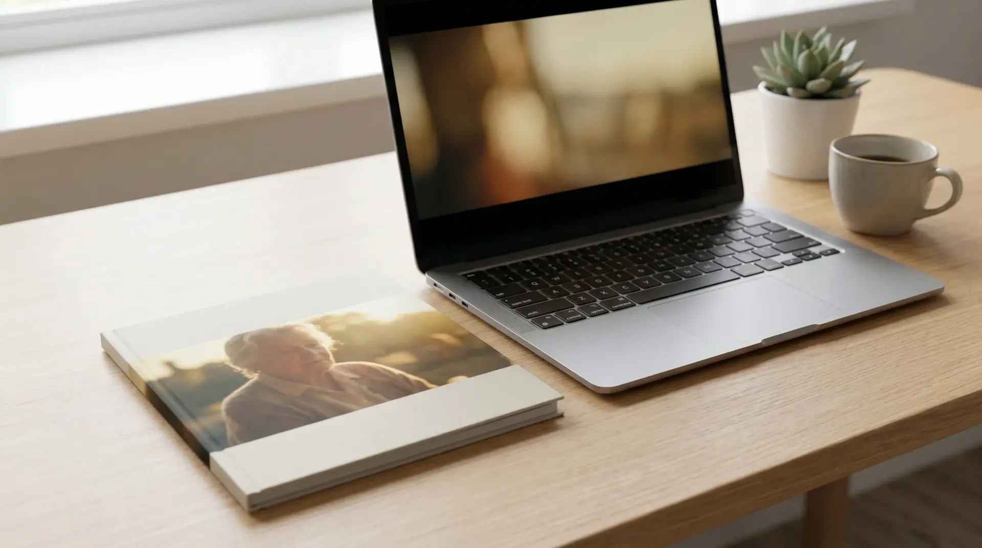 Hochwertiger Jubiläumsvideo-Leitfaden als Booklet neben einem Laptop auf einem hellen Schreibtisch