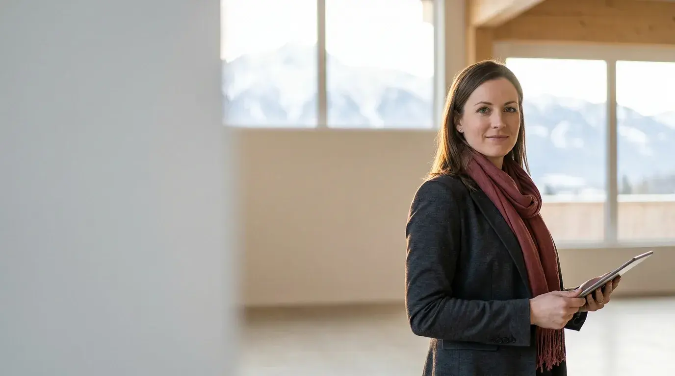 Ruhige Sprecherin Mitte 30 im hellen, lichtdurchfluteten Studio im Alpenraum als KI-Avatar-Presenter der MULTIMEDIAFABRIK
