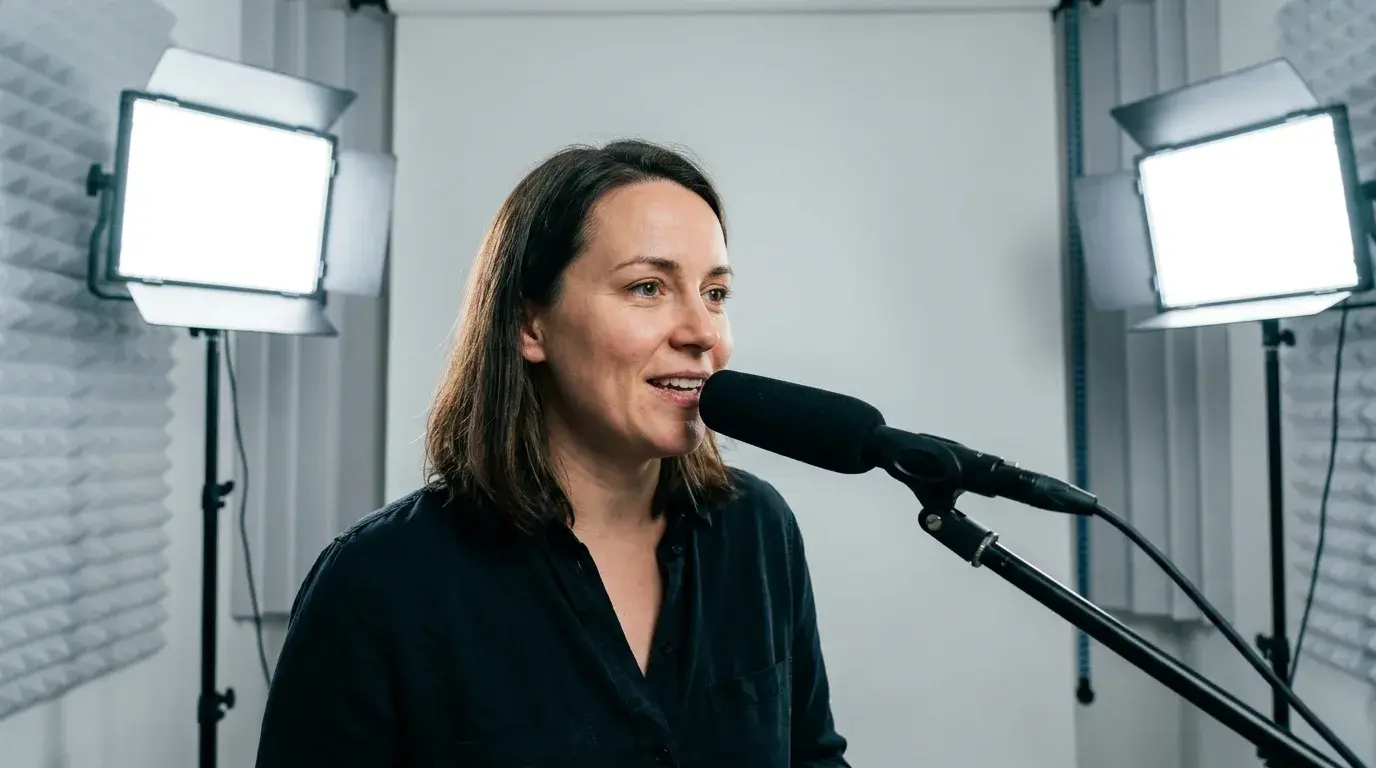 Reale Person spricht in ein professionelles Richtmikrofon im hellen Akustik-Studio für die Avatar- und Voice-Aufnahme
