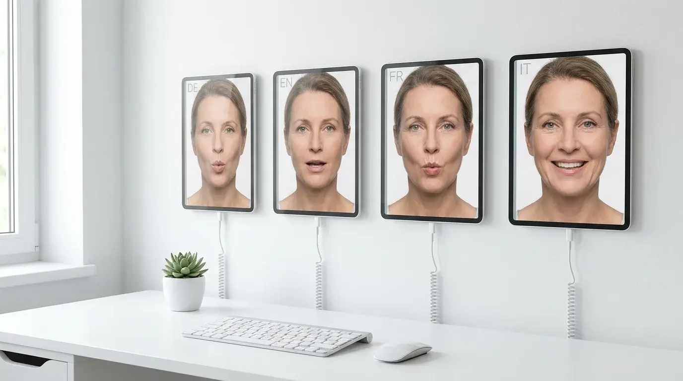 Vier Tablet-Vorschauen mit demselben Gesicht, das in verschiedenen Sprachen lippensynchron spricht, mit DE EN FR IT Sprach-Tags