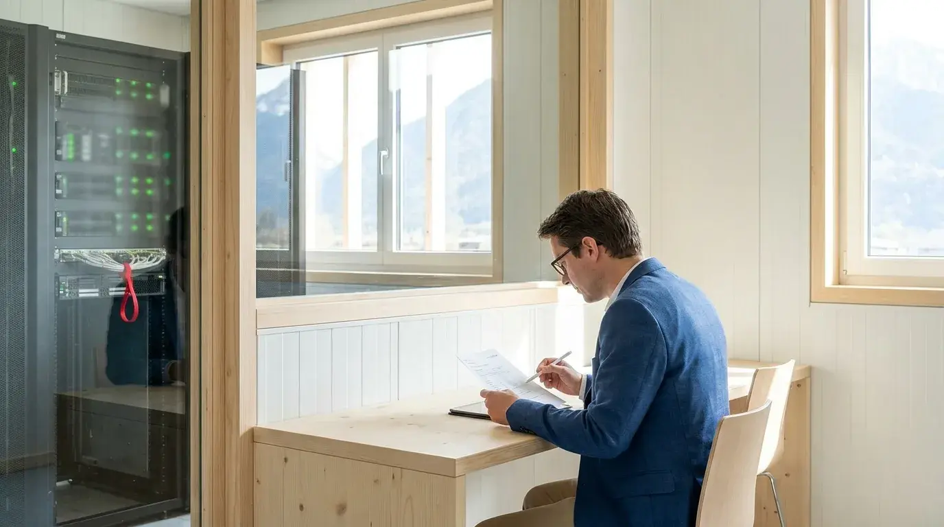 Helles, minimalistisches Rechenzentrum mit ruhiger Fachperson, die auf einem Tablet ein Dokument zur EU-Datenhoheit prüft