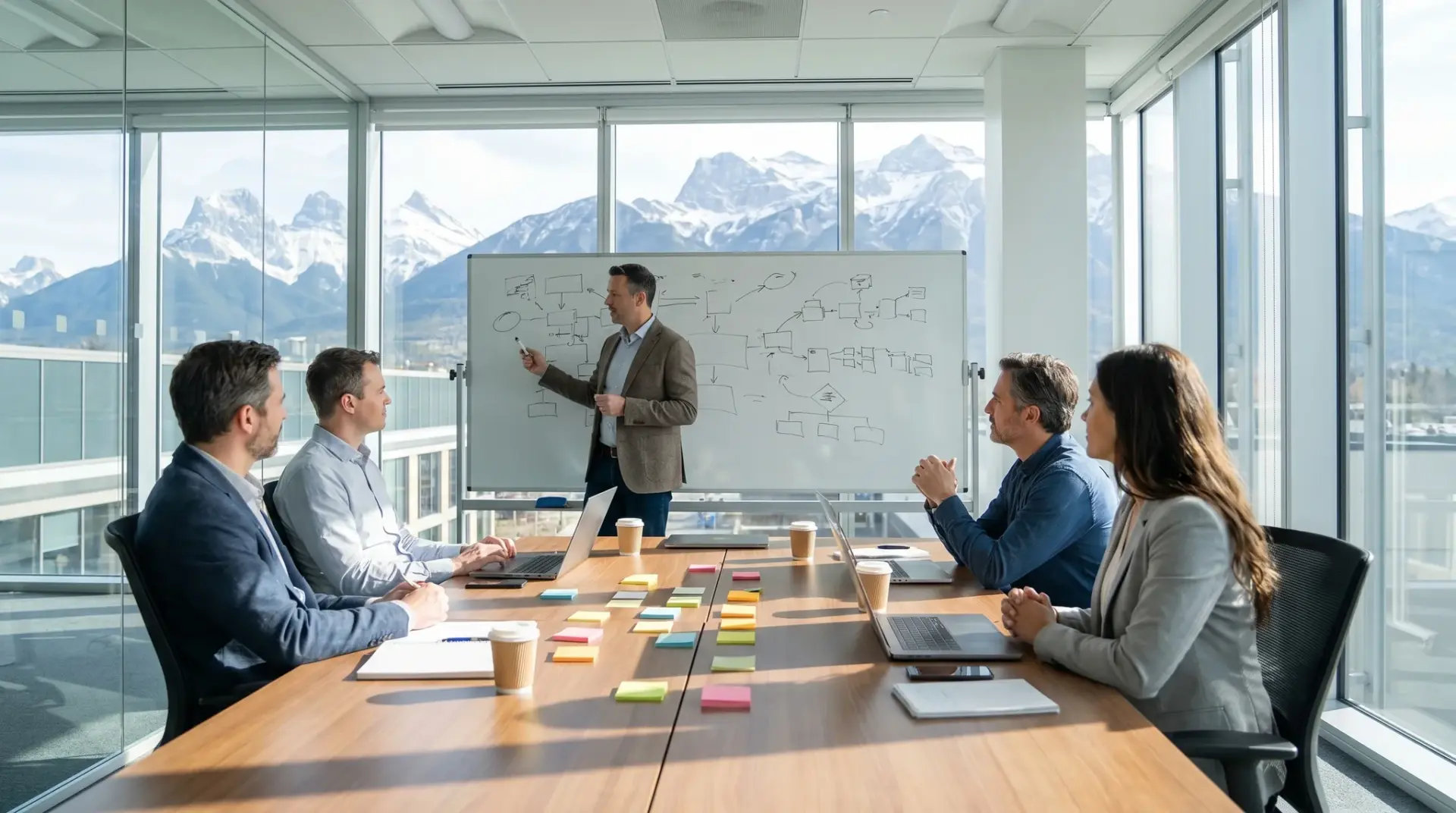 KI-Beratungs-Workshop mit Entscheidern an einem hellen Konferenztisch im Alpenraum