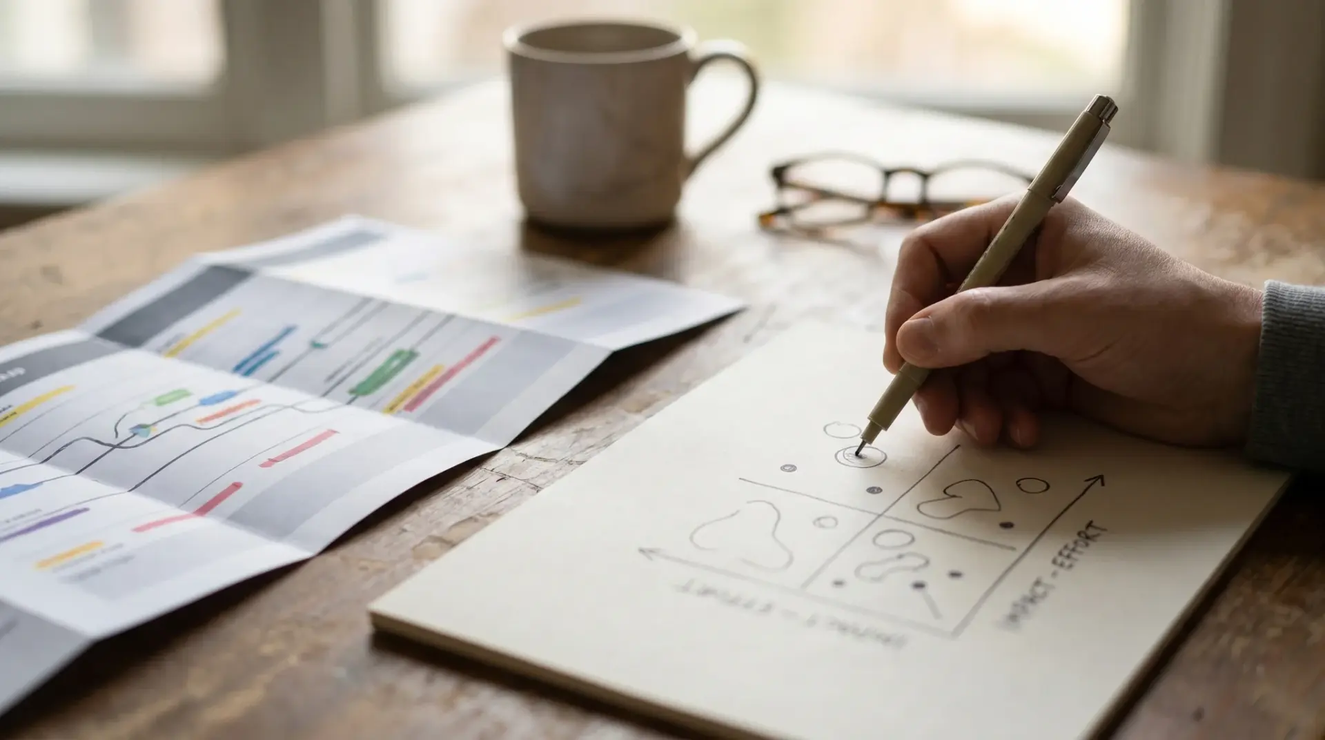 Nahaufnahme einer priorisierten Roadmap und einer Impact-Effort-Matrix auf Papier