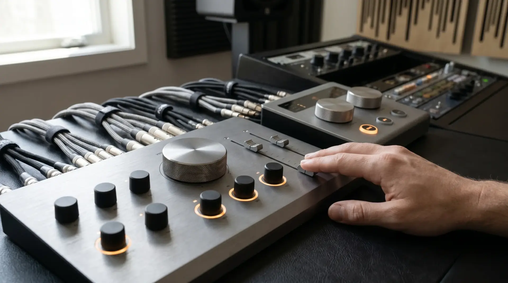 Detailaufnahme von Audio-Interface und Studiomonitor für die KI-Sprachsynthese