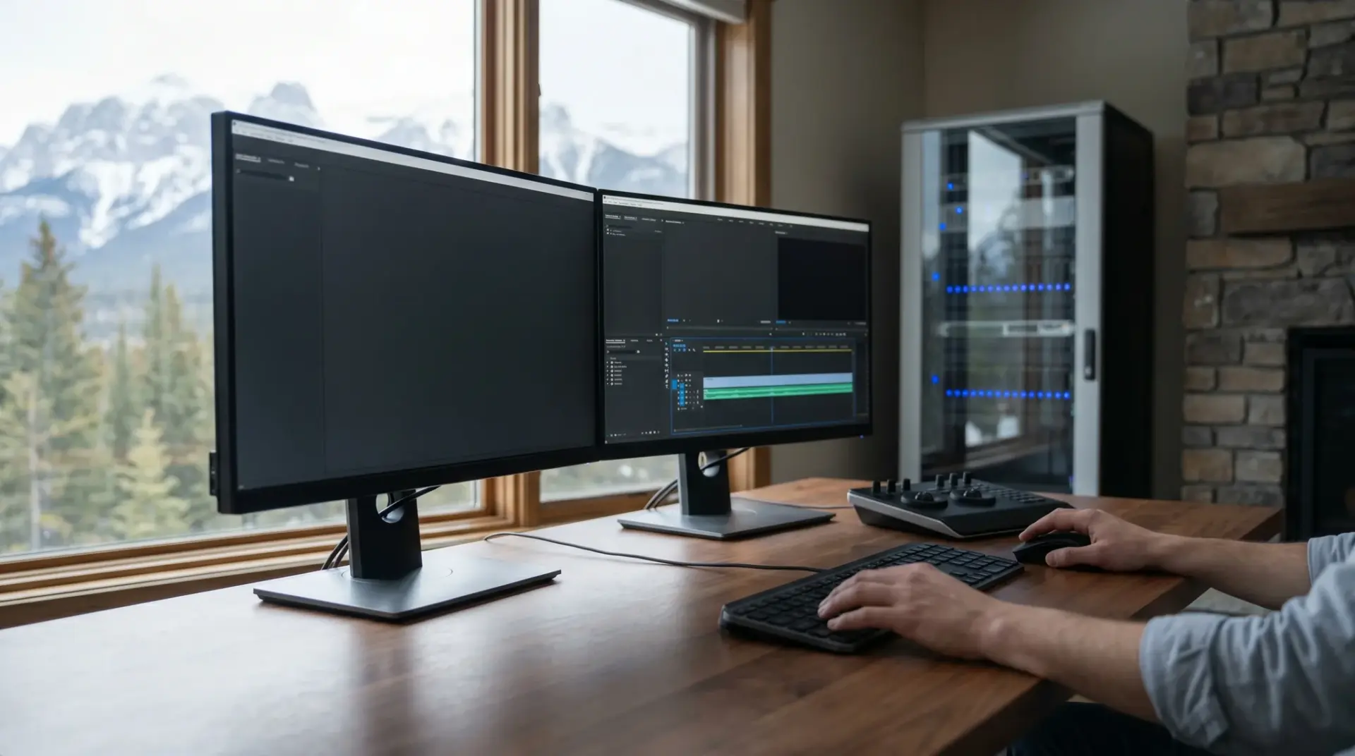 Schnittplatz mit Hinweis auf sichere EU-Datenverarbeitung in ruhiger Post-Production