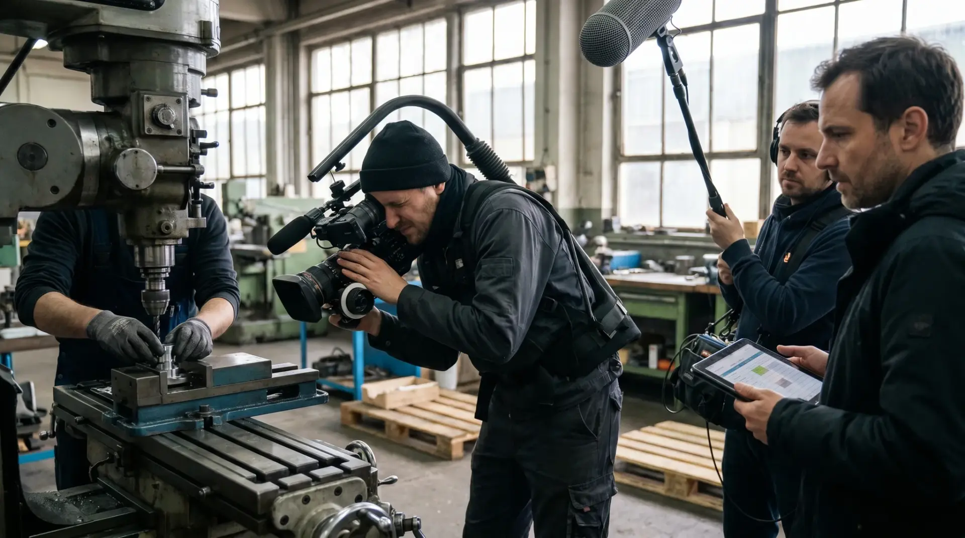 Kameramann filmt eine Prozess-Aufnahme an einer Maschine in einem Industriebetrieb