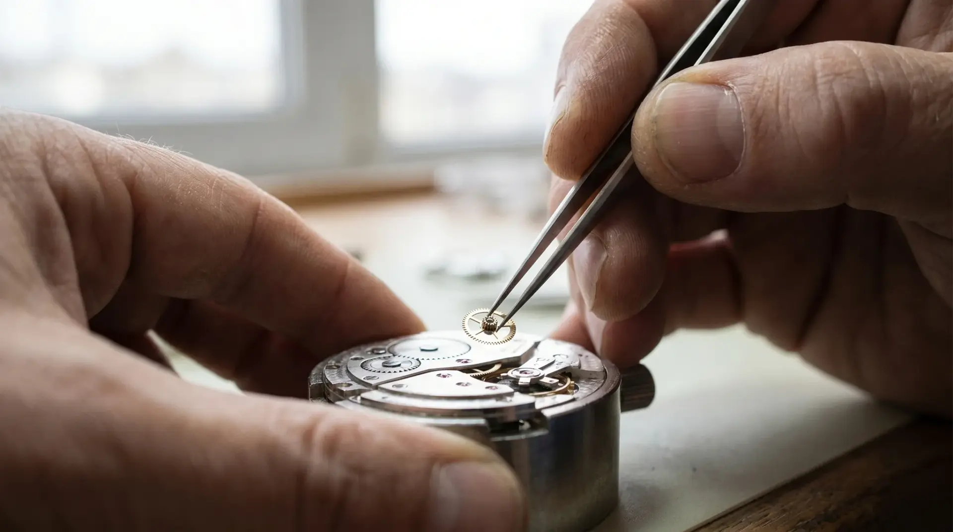 Detailaufnahme erfahrener Hände, die einen exakten Arbeitsschritt an einem Werkstück ausführen