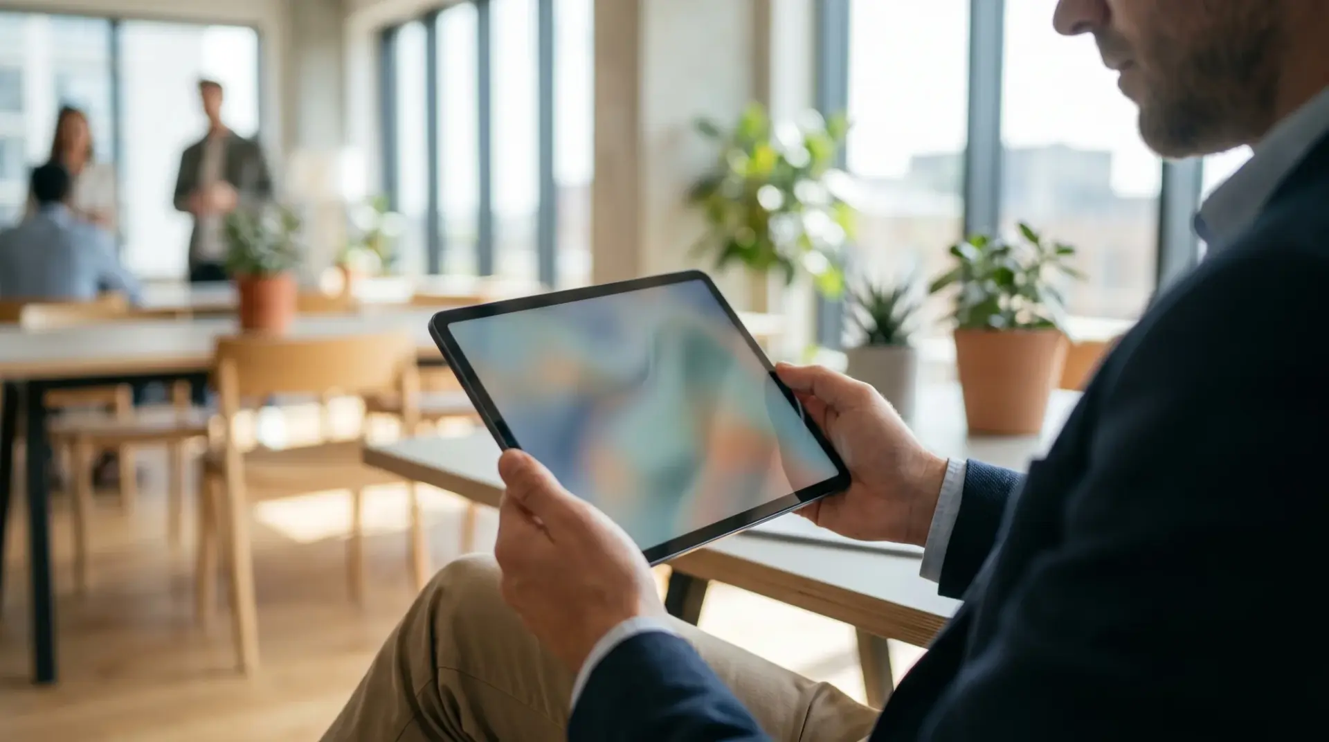 Neue Mitarbeiterin schaut sich am Tablet ein Knowledge-Video zur Einarbeitung an