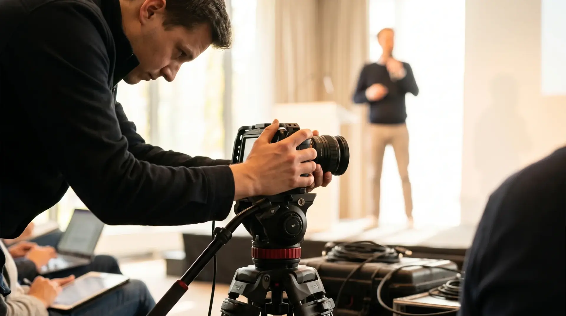 Kameramann an einer Blackmagic-Cinema-Kamera zeichnet einen Vortrag aus dem Saal auf