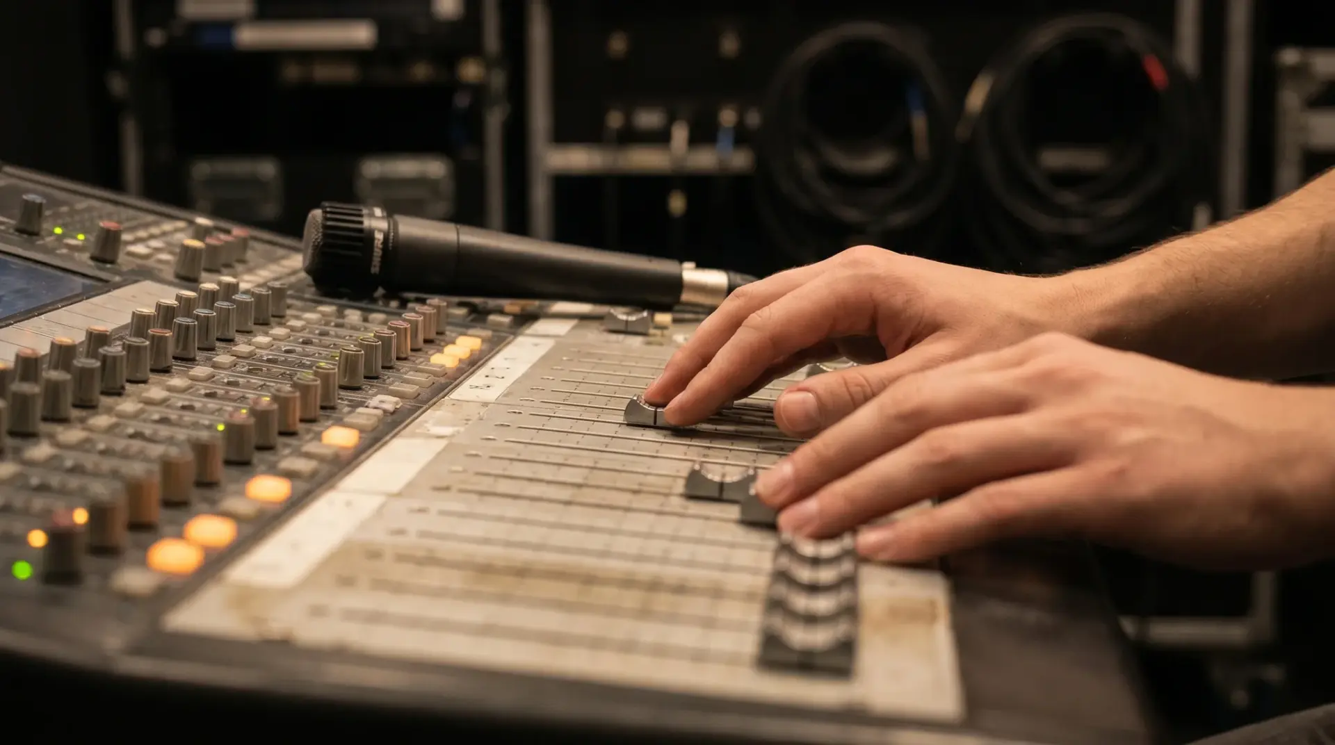 Detailaufnahme eines Audio-Mischpults mit Direktabgriff und Richtmikrofon bei der Aufzeichnung