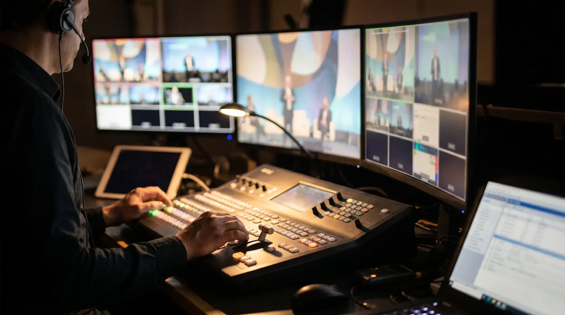 Bildregie mischt mehrere Kamerasignale an einem Multikamera-Setup während der Konferenz