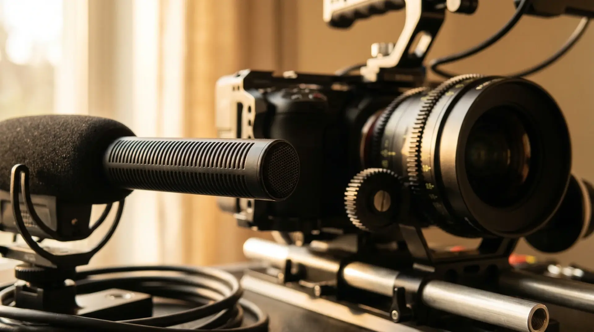 Nahaufnahme eines Shure-Richtmikrofons und der Cine-Linse beim Interview-O-Ton