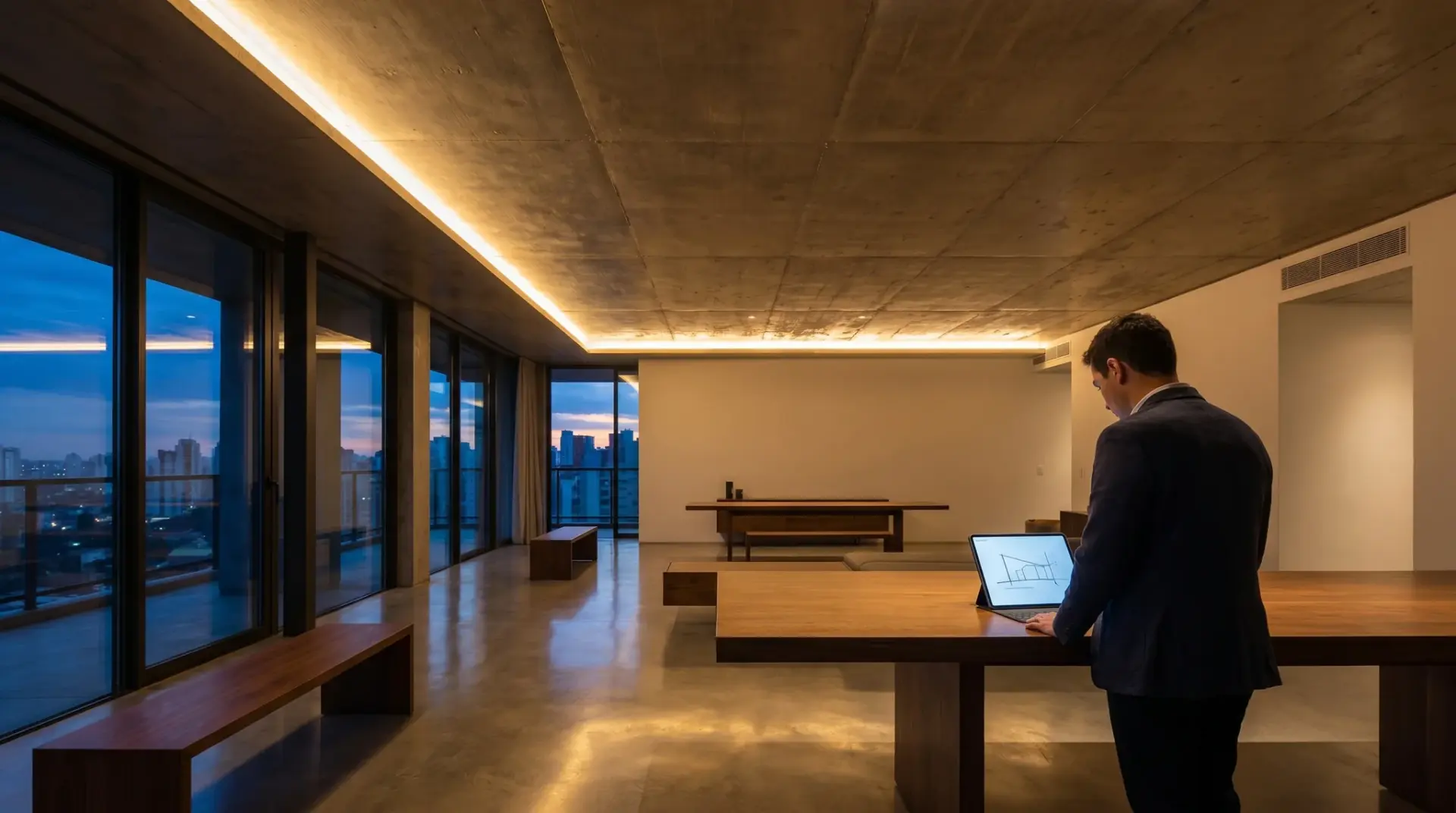 Cineastische stoßfreie LED-Lichtlinie in einer Sichtbeton-Architektur bei Abendstimmung