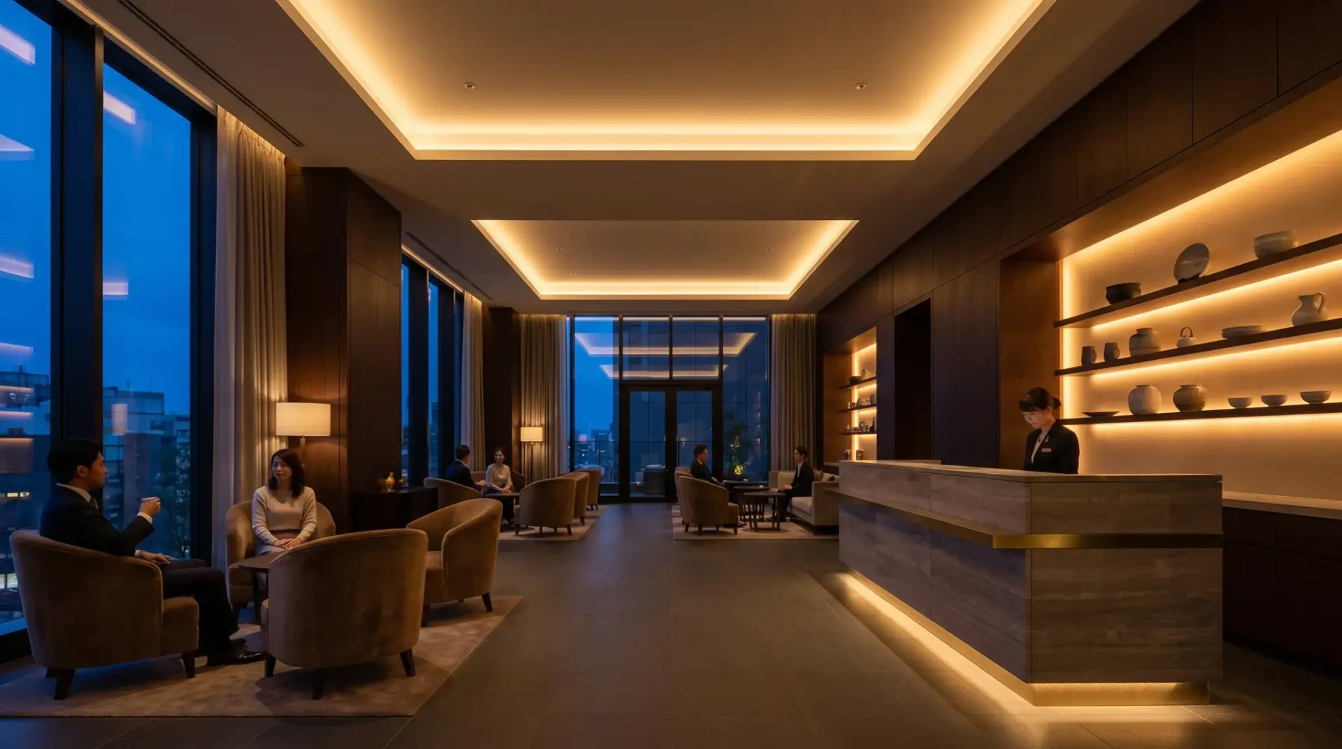 Hotel-Lobby mit indirekten LED-Profilen und warmen Lichtszenen als Willkommens-Atmosphäre