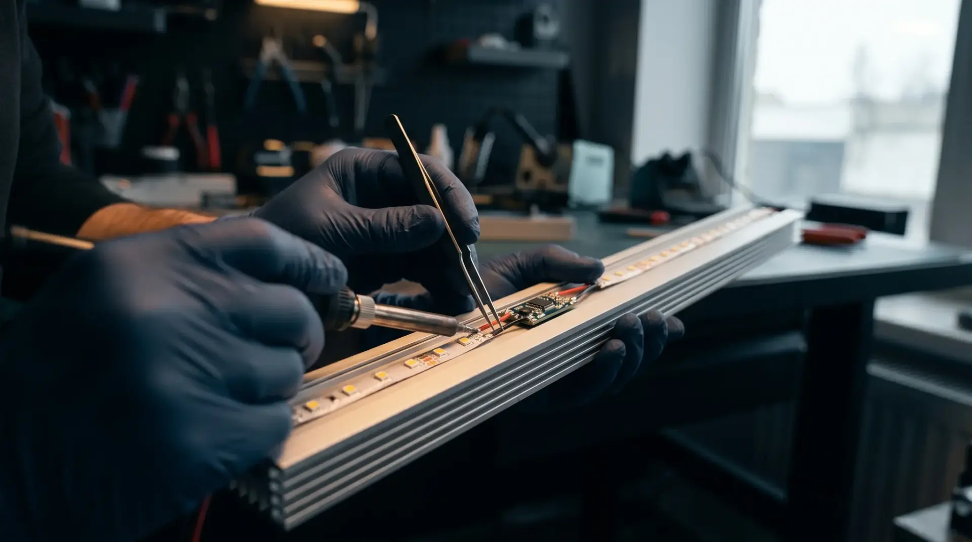 Detailaufnahme der Maßkonfektion eines linearen LED-Aluminiumprofils in der Werkstatt