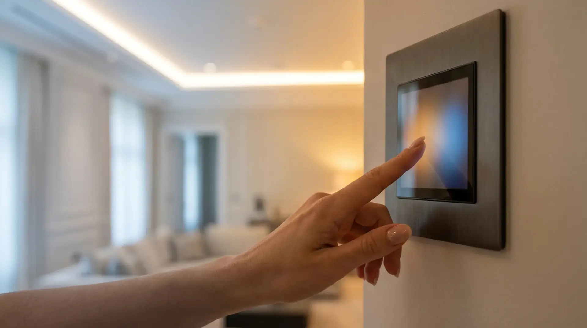 Hand stellt am Touchpanel eine Lichtszene mit Tunable White über DALI-2 ein
