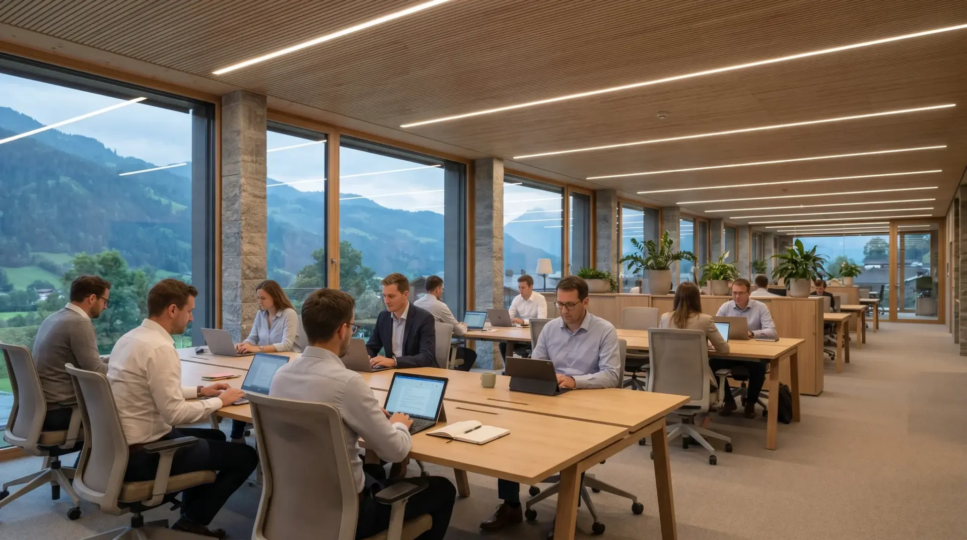 Modernes Bürogebäude im Alpenraum mit blendarmen LED-Lichtlinien bei Tageslicht