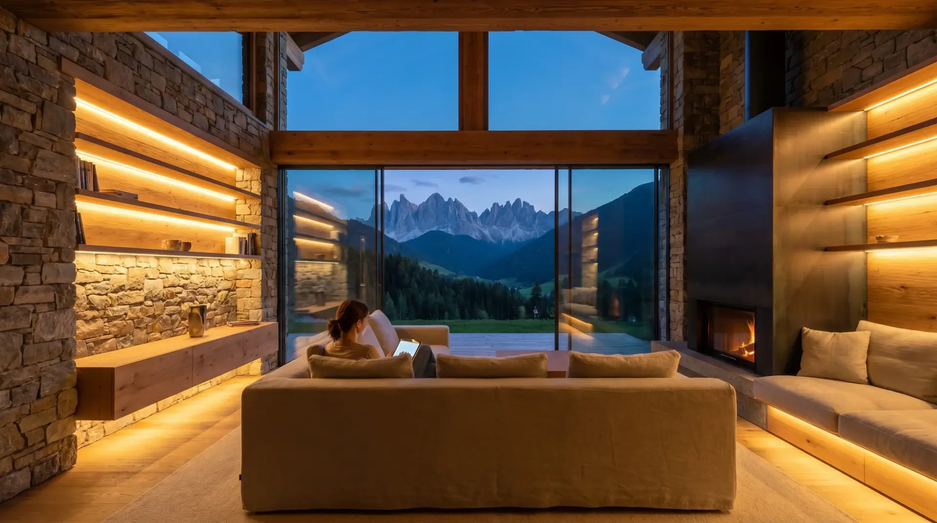Atmosphärisch beleuchteter Premium-Wohnraum mit integrierter Lichtsteuerung im Alpenraum