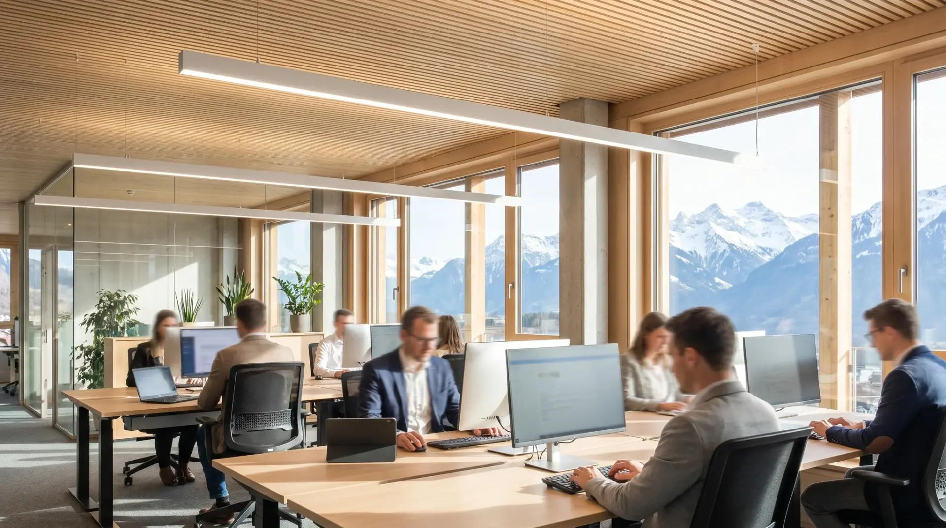 Modernes Büro mit tageslichtabhängiger Beleuchtung und Tunable White