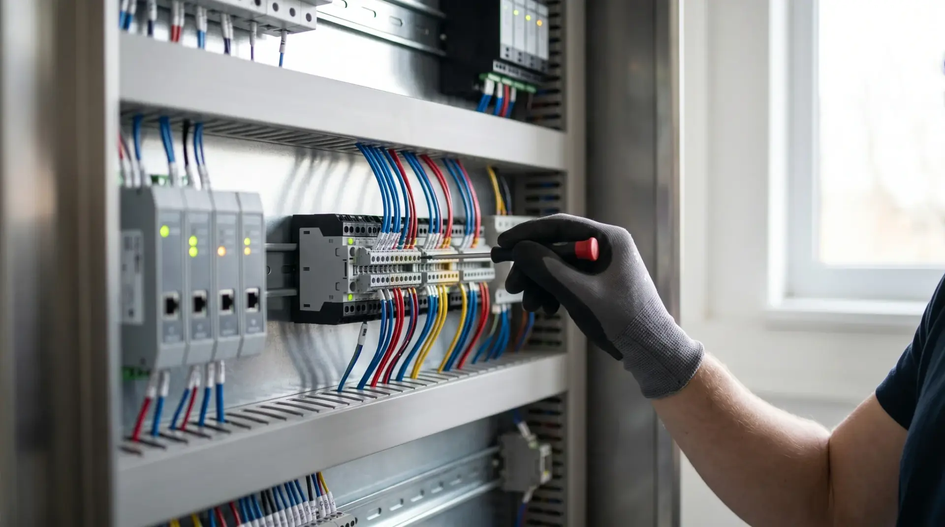 Nahaufnahme eines DALI-KNX-Steuerschranks mit Gateways und Bus-Verkabelung