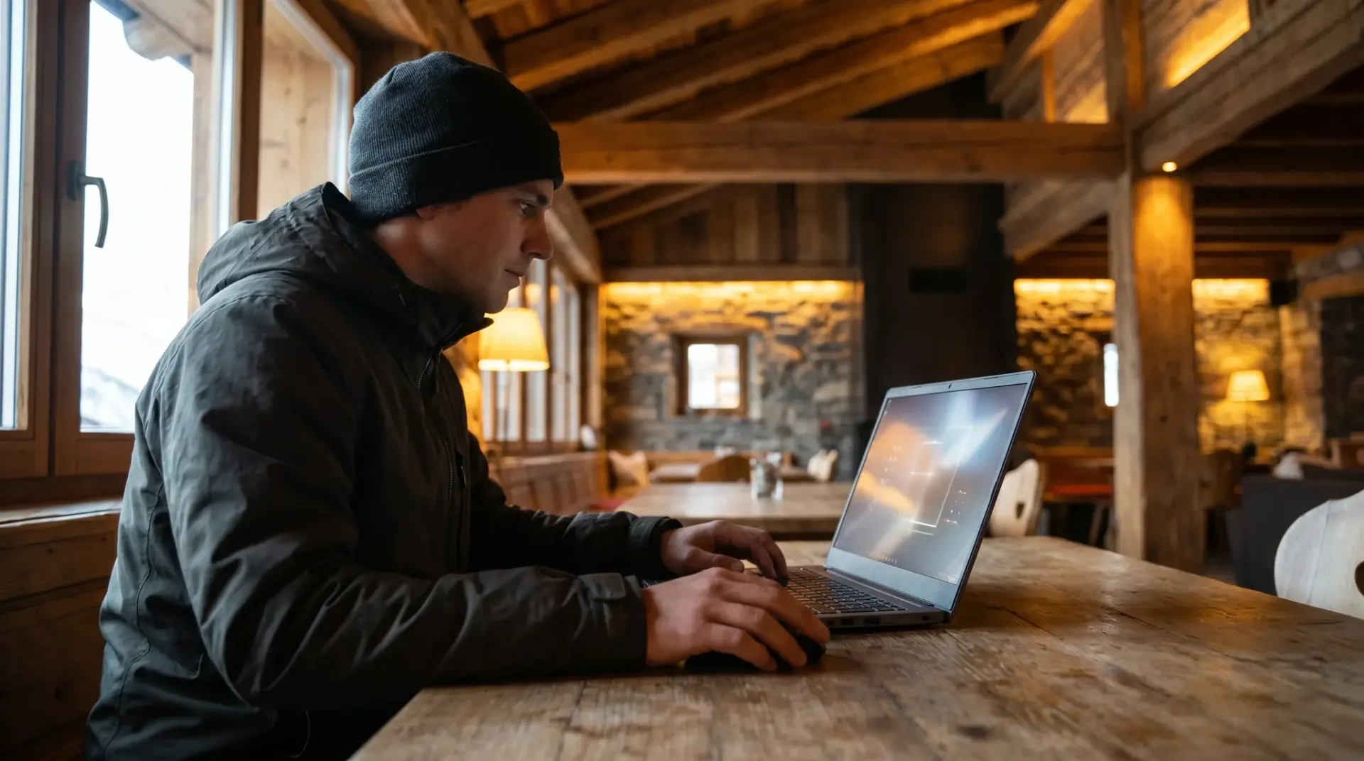 Techniker programmiert Lichtszenen am Laptop vor der beleuchteten Architektur