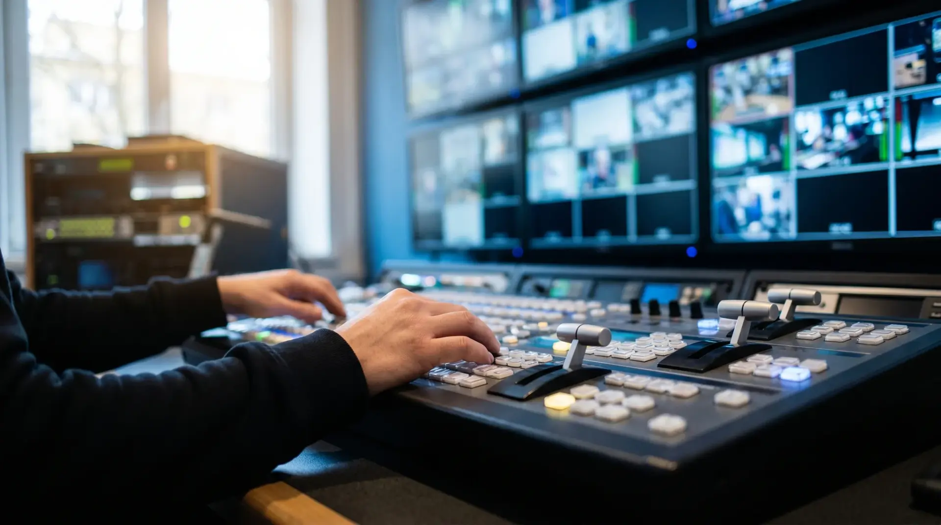Bildmischer-Arbeitsplatz mit Live-Regie und mehreren Monitoren während der Übertragung